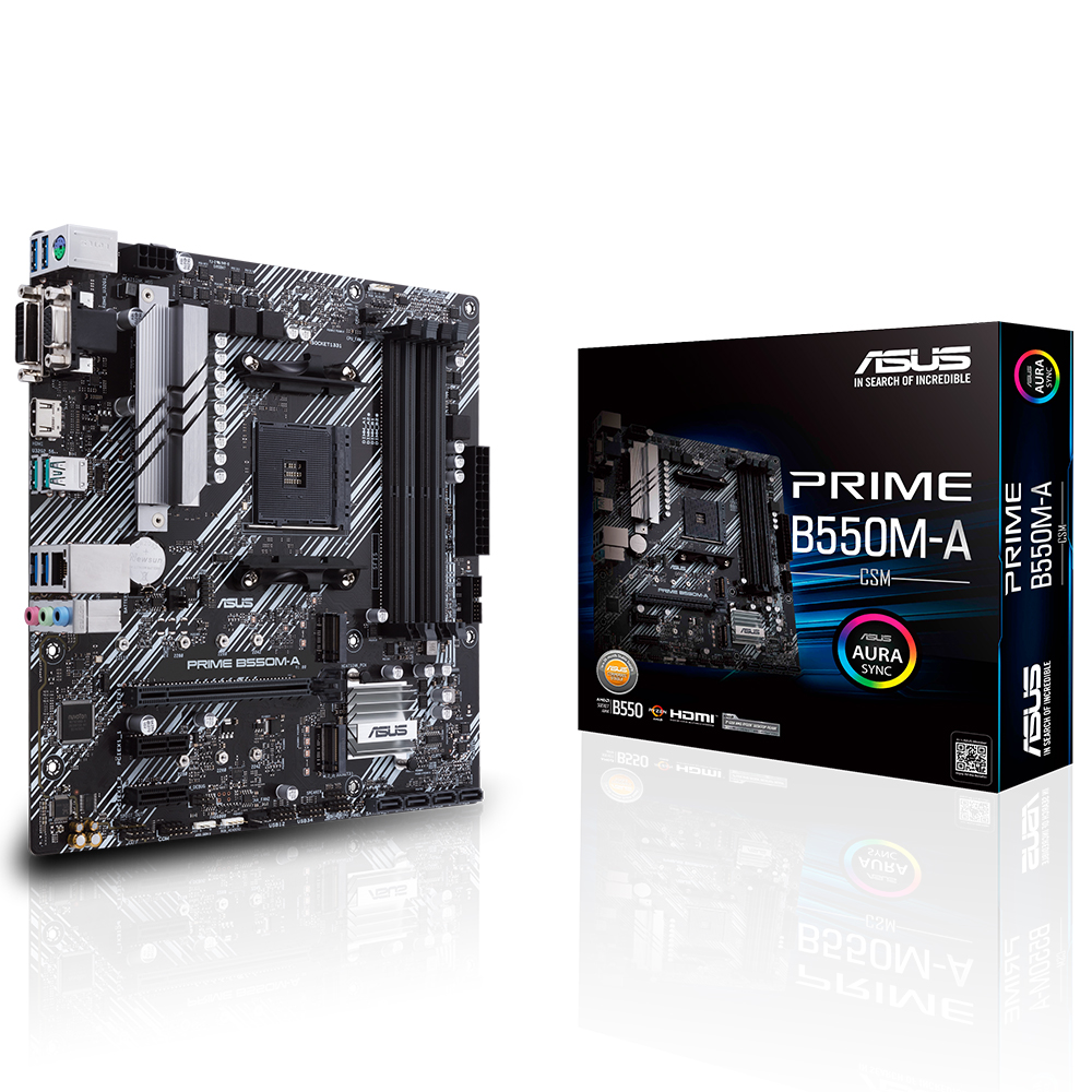 ASUS PRIME B550M-A/CSM AMD B550 AM4 DDR4 4400 HDMI DVI VGA Çift M2 USB3.2 ARGB mATX PCIe 4.0 ECC RAM Desteği resmi