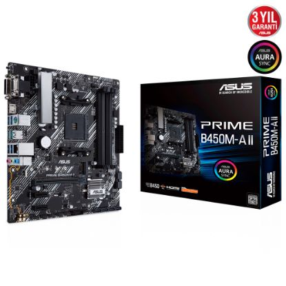 ASUS PRIME B450M-A II AMD B450 AM4 DDR4 4400 HDMI DVI VGA M2 USB3.2 AURA RGB mATX 128GB’a kadar ram desteği BIOS Flashback resmi