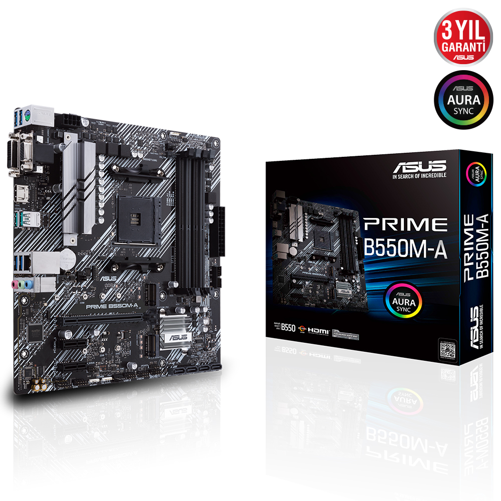 ASUS PRIME B550M-A AMD B550 AM4 DDR4 4400 HDMI DVI VGA Çift M2 USB3.2 ARGB mATX PCIe 4.0 ECC RAM Desteği resmi