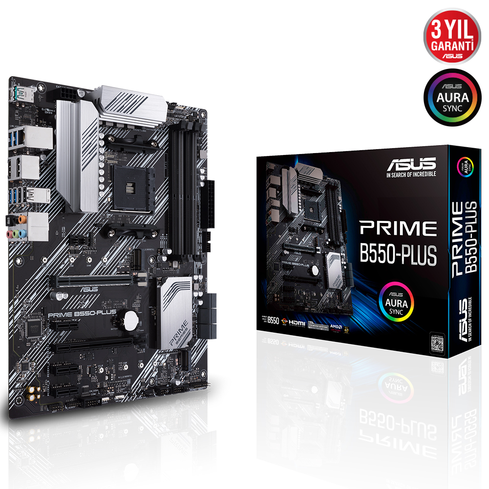 ASUS PRIME B550-PLUS AMD B550 AM4 DDR4 4400 DP HDMI Çift M2 USB3.2 ARGB ATX PCIe 4.0 ECC RAM Desteği resmi