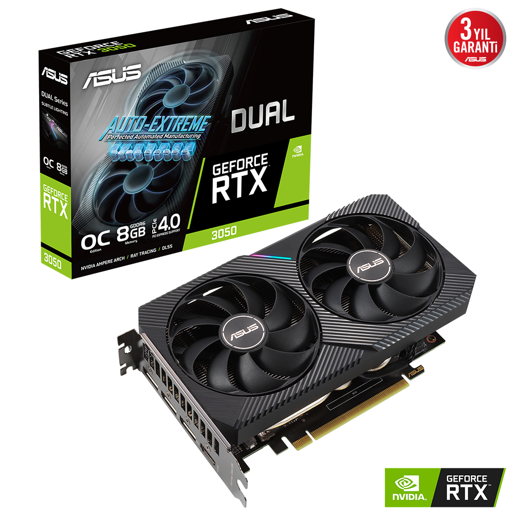 ASUS GEFORCE DUAL-RTX3050-O8G 8GB GDDR6 128bit 1852MHz OC 1xHDMI 3xDP RGB EKRAN KARTI resmi