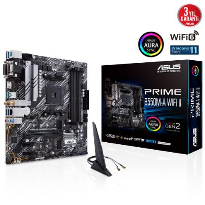 ASUS PRIME B550M-A WIFI II AMD B550 AM4 DDR4 4866 HDMI DVI VGA ÇİFT M2 USB3.2 AX WİFİ + BT ARGB MATX PCIE 4.0 ECC RAM DESTEĞİ resmi