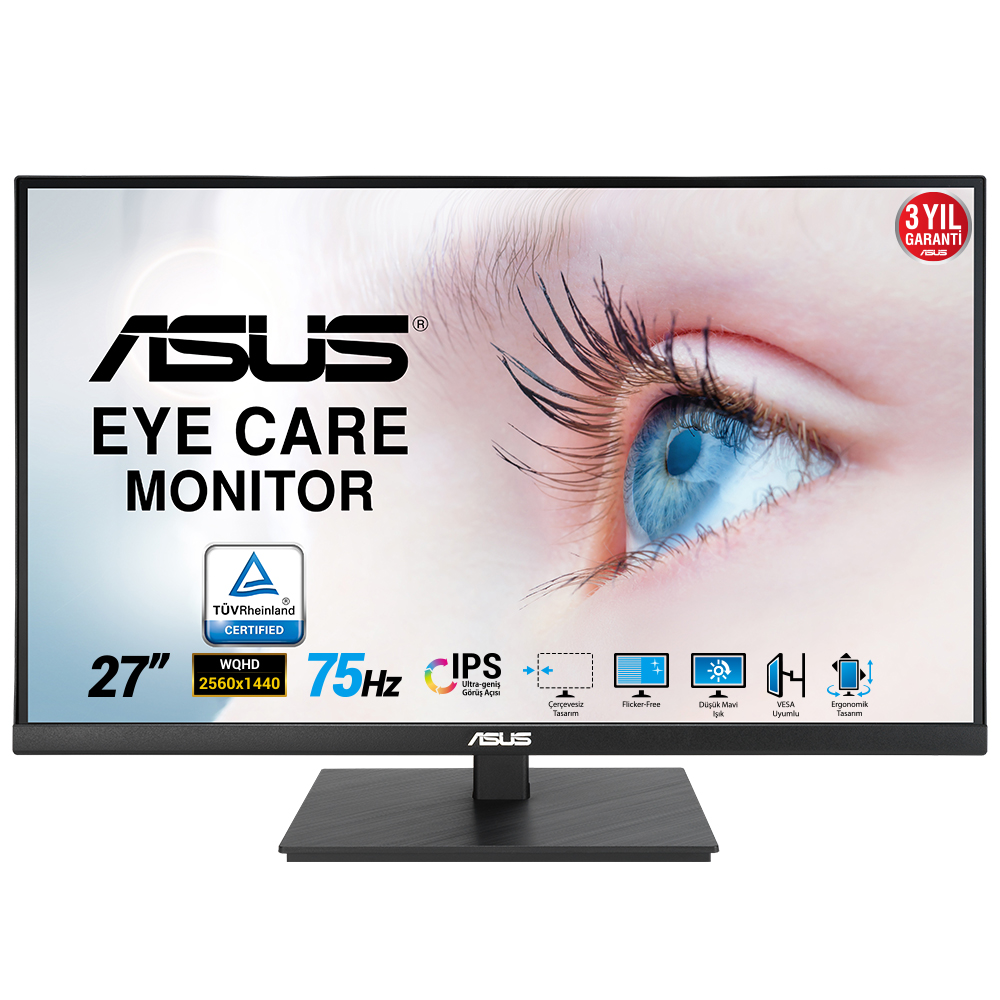 ASUS VA27AQSB 27 IPS FREESYNC 2560x1440 1MS(MPRT) 75HZ DP HDMI USB X2 MM VESA 3YIL EYECARE, FLICKER-FREE,CERCEVESIZ,DUSUK MAVI ISIK,PIVOT resmi