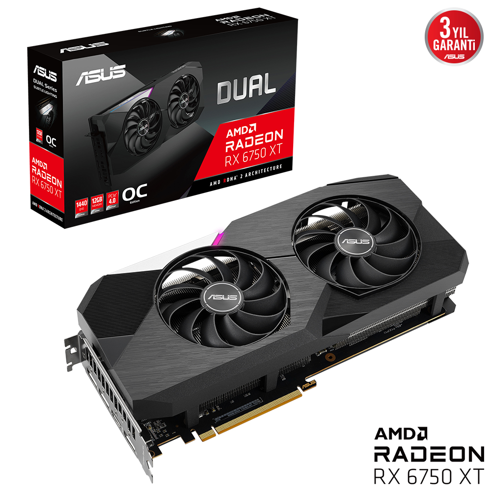 ASUS RADEON DUAL-RX6750XT-O12G 12GB GDDR6 192bit 2390MHz OC HDMI 3xDP RGB EKRAN KARTI resmi