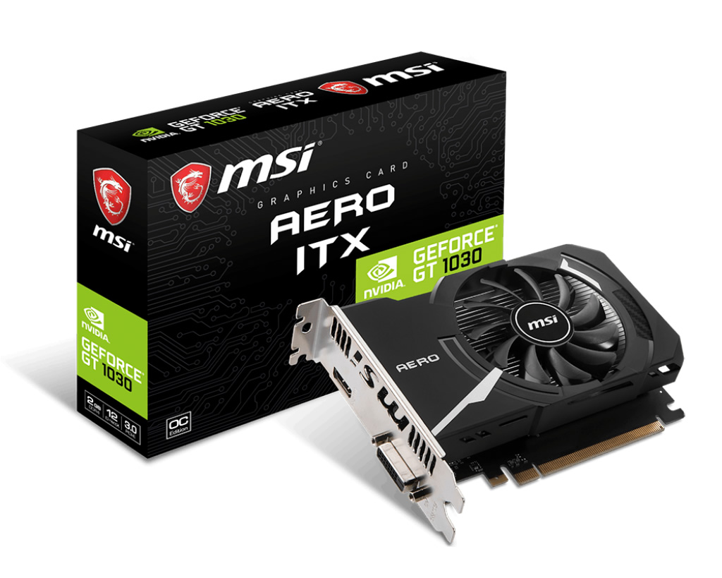 MSI VGA GEFORCE GT 1030 AERO ITX 2GD4 OC GT1030 2GB DDR4 64B DX12 PCIE 3.0 X16 (1XHDMI 1XDVI) resmi
