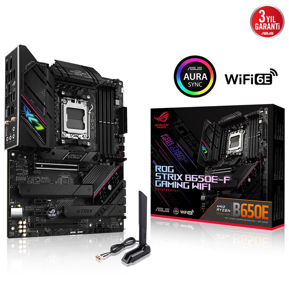 ASUS ROG STRIX B650E-F GAMING WIFI AMD B650 AM5 DDR5 6400 DP HDMI 3X M2 USB3.2 AX WİFİ BT AURA RGB 2.5GBİT LAN ATX ARMOURY CRATE AI SUİTE 3 PCIE SLOT Q RELEASE resmi