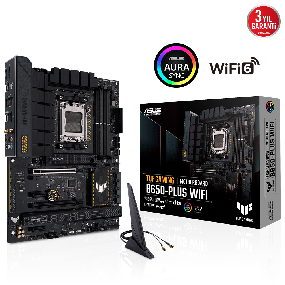 ASUS TUF GAMING B650-PLUS WIFI AMD B650 AM5 DDR5 6400 DP HDMI 3X M2 USB3.2 AX WİFİ BT AURA RGB 2.5GBİT LAN ATX 128GB A KADAR RAM DESTEĞİ ASUS TUF PROTECTION ARMOURY CRATE resmi