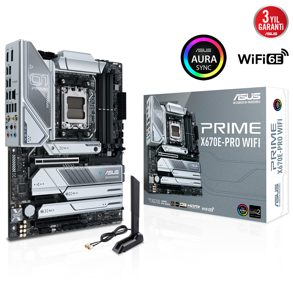 ASUS PRIME X670E-PRO WIFI AMD X670E AM5 DDR5 6400 DP HDMI 4X M2 USB3.2 AX WİFİ + BT AURA RGB 2.5GBİT LAN ATX 128GB’A KADAR RAM DESTEĞİ PCIE5.0 ASUS 5X PROTECTION III resmi