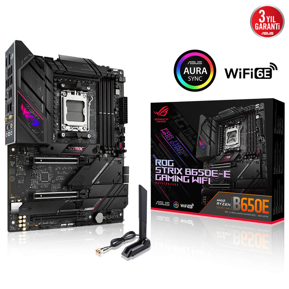 ASUS ROG STRIX B650E-E GAMING WIFI AMD B650 AM5 DDR5 6400 DP HDMI 4X M2 USB3.2 WİFİ 6E BT AURA RGB 2.5GBİT LAN ATX ARMOURY CRATE AI SUİTE 3 PCIE SLOT Q RELEASE resmi