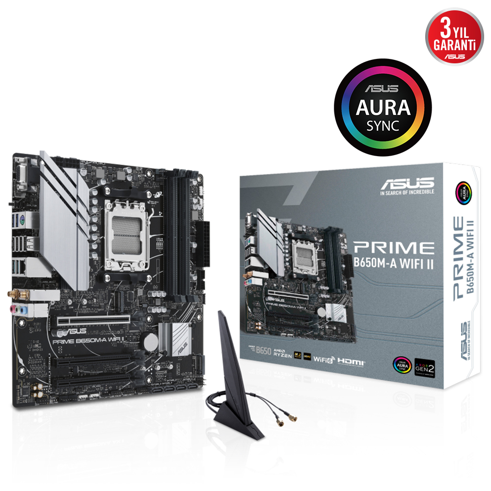 ASUS PRIME B650M-A WIFI II AMD B650 AM5 DDR5 6400 DP HDMI VGA 2X M2 USB3.2 AX WiFi-BT AURA RGB 2.5Gbit LAN mATX ASUS 5X PROTECTION III BIOS FLASHBACK resmi