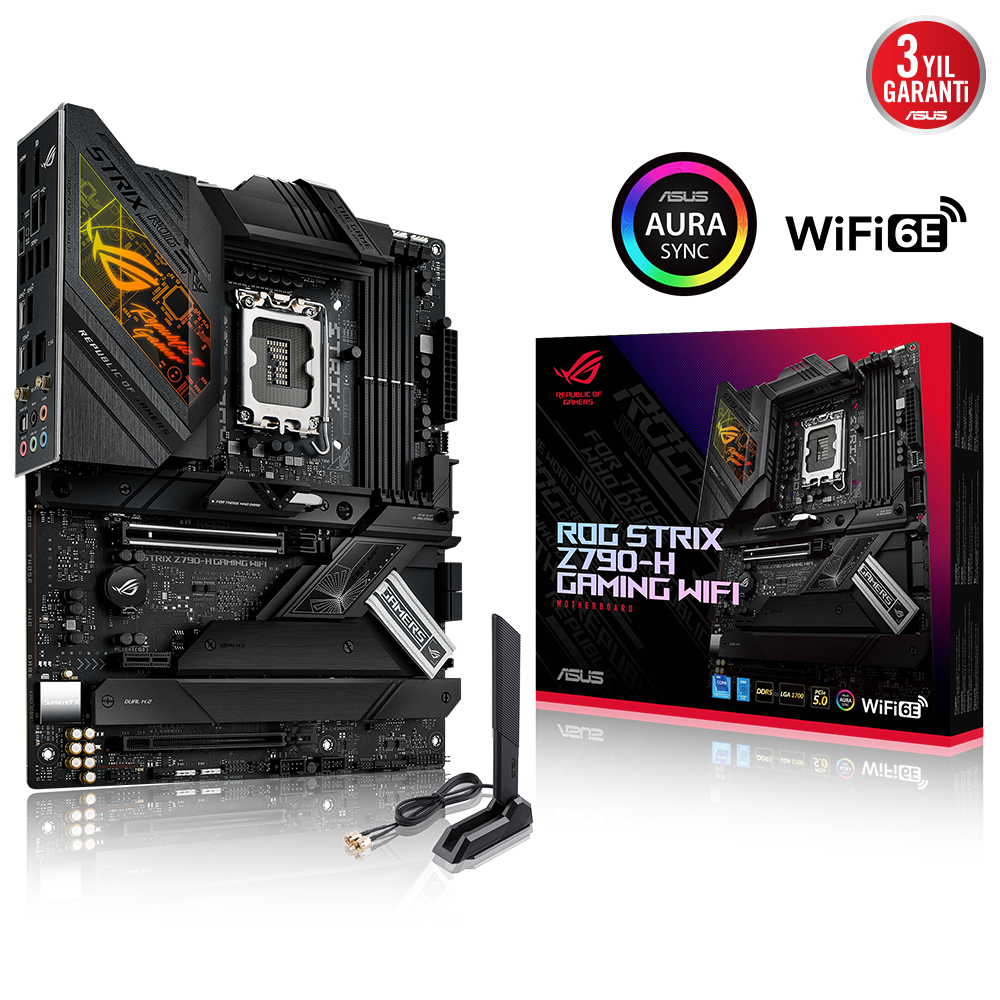 ASUS ROG STRIX Z790-H GAMING WIFI INTEL Z790 LGA1700 DDR5 7800 DP HDMI 4x M2 USB3.2 WiFi 6E-BT AURA RGB 2.5Gbit LAN ATX 16+1 GUC ASAMASI PCIe SlLOT Q-RELEASE ARTTIRILMIS M2 SOGUTMA resmi