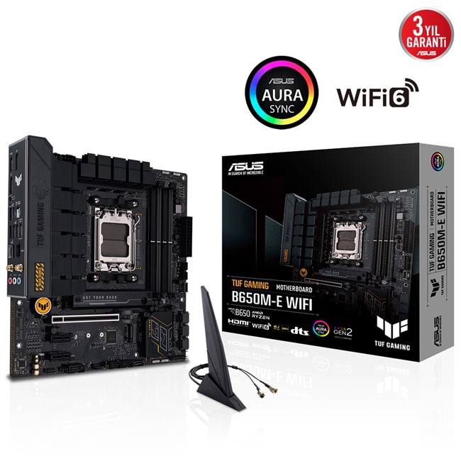 ASUS TUF GAMING B650M-E WIFI AMD B650 AM5 DDR5 6400 2xDP HDMI Çift M2 USB3.2 AX WiFi-BT AURA RGB 2.5Gbit LAN mATX 128GB kadar ram desteği ASUS TUF PROTECTION Armoury Crate resmi