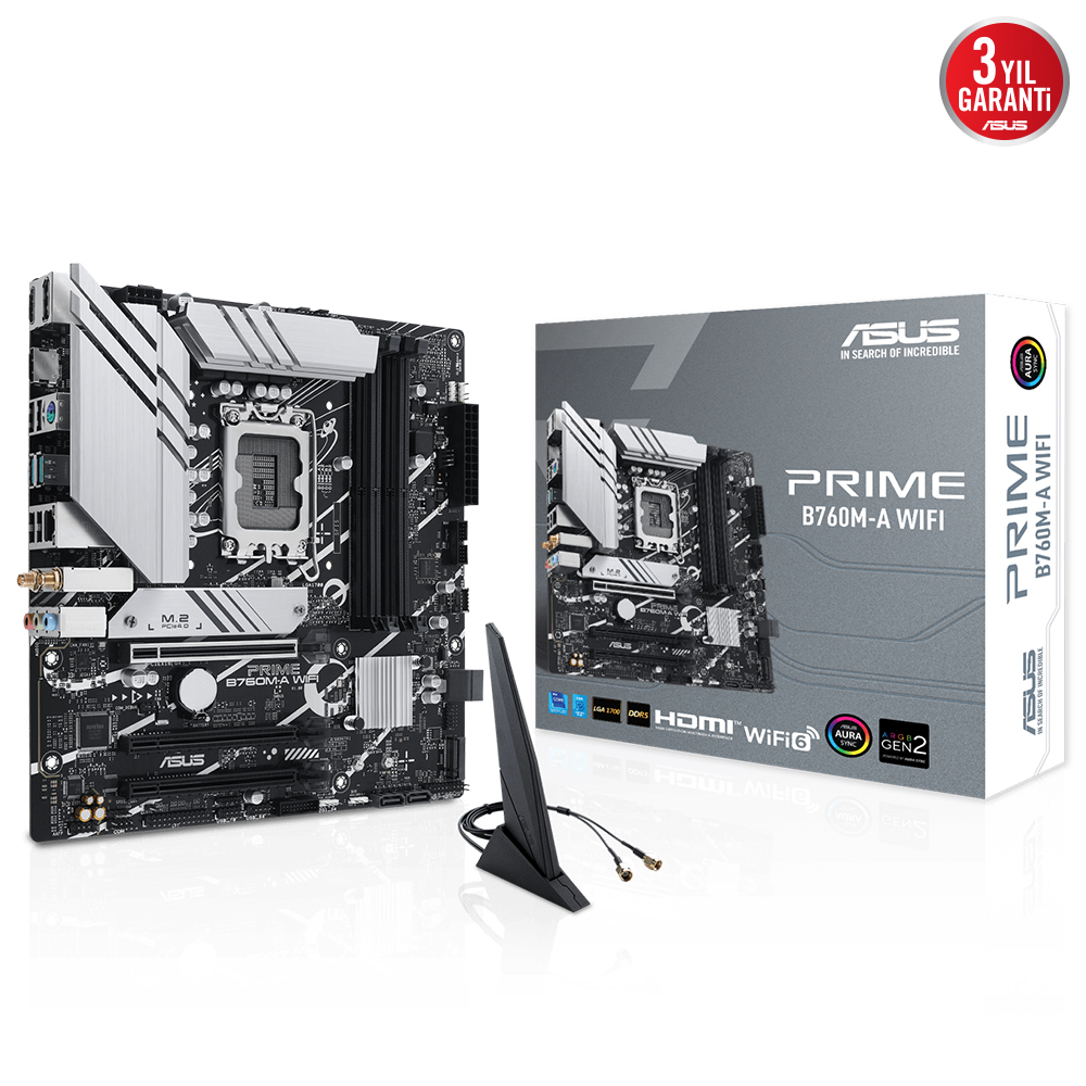 ASUS MB PRIME B760M-A WIFI Intel B760 LGA1700 DDR5 7200 HDMI VGA 2x M2 USB3.2 AX WiFi + BT AURA RGB 2.5Gbit LAN mATX ASUS 5X PROTECTION III Armoury Crate AI Suite 3 resmi