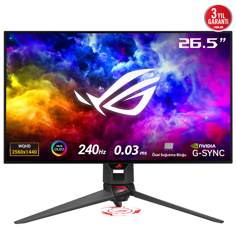 ASUS ROG SWİFT OLED  PG27AQDM 26,5 GAMING OLED EKRAN 2K FREESYNC VE G-SYNC UYUMLU 2560 X 1440 0.03MS 240HZ DP HDMI USB VESA 2YIL EYECARE YUKSEKLIK AYARI PIVOT HDR 99% DCI-P3 10BIT MONİTÖR resmi