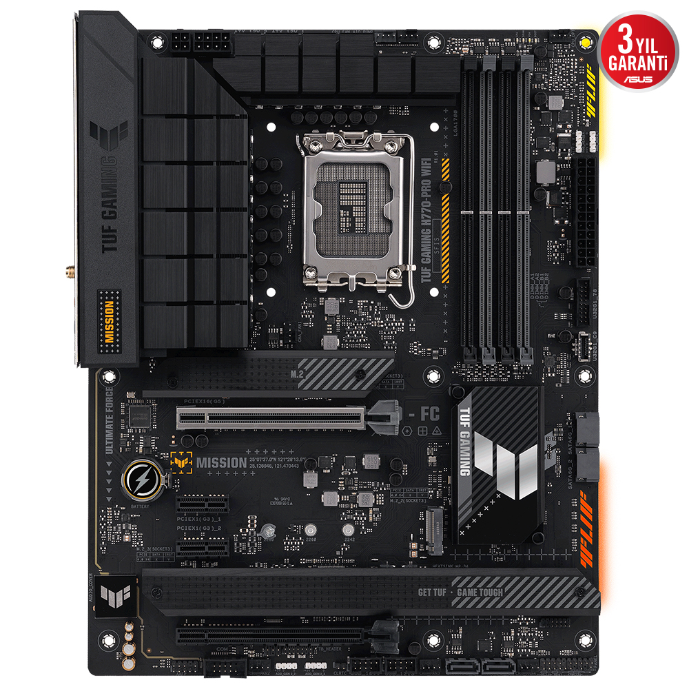 ASUS TUF GAMING H770-PRO WIFI Intel H770 LGA1700 DDR5 7200 DP HDMI 4x M2 USB3.2 AX WiFi + BT AURA RGB 2.5Gbit LAN ATX 128GBa kadar ram desteği ASUS 5X TUF PROTECTION III resmi