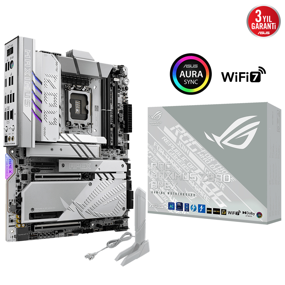 ASUS MB ROG MAXIMUS Z890 APEX INTEL Z890 LGA1851 DDR5 9000 HDMI 2XUSB4 6X M2 USB3.2 WI-FI 7 -BT AURA RGB 5GBIT LAN ATX 22+1+2+2 GÜÇ AŞAMALARI THUNDERBOLT 4 QUICK CHARGE 4+ İLE 60W KADAR USB ÇIKIŞI ASUS AI ADVISOR resmi