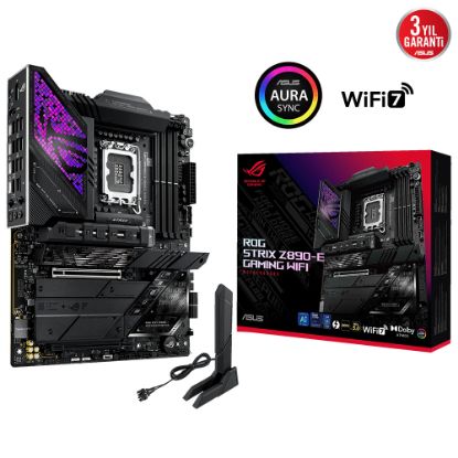 ASUS MB ROG STRIX Z890-E GAMING WIFI INTEL Z890 LGA1851 DDR5 8800 DP HDMI 2XUSB4 7X M2 USB3.2 WIFI 7 + BT AURA RGB 5GBIT LAN ATX 18+1+2+2 GÜÇ AŞAMALARI THUNDERBOLT 4 NITROPATH DRAM TEKNOLOJİSİ NPU BOOST resmi