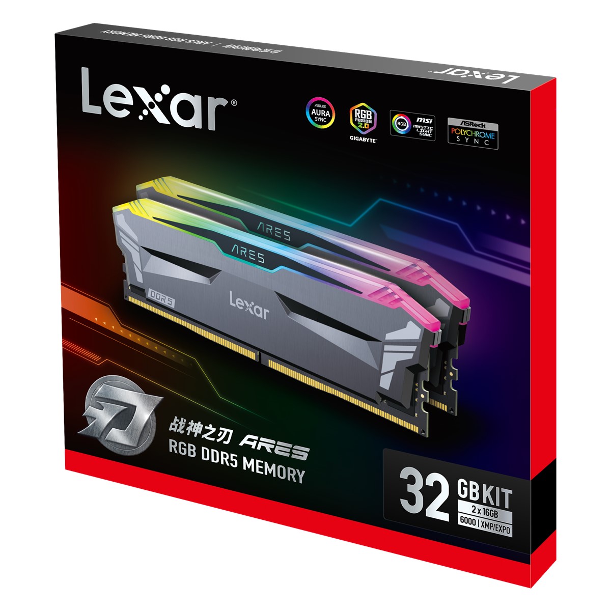 LEXAR ARES RAM DT GAMING DDR5 UDIMM 32GB KIT (2X16GB) 288PIN 6000 CL30 1.35V MEMORY WITH HEATSINK AND RGB LIGHTING DUAL PACK BLACK COLOR LD5BU016G-R6000GDLA resmi