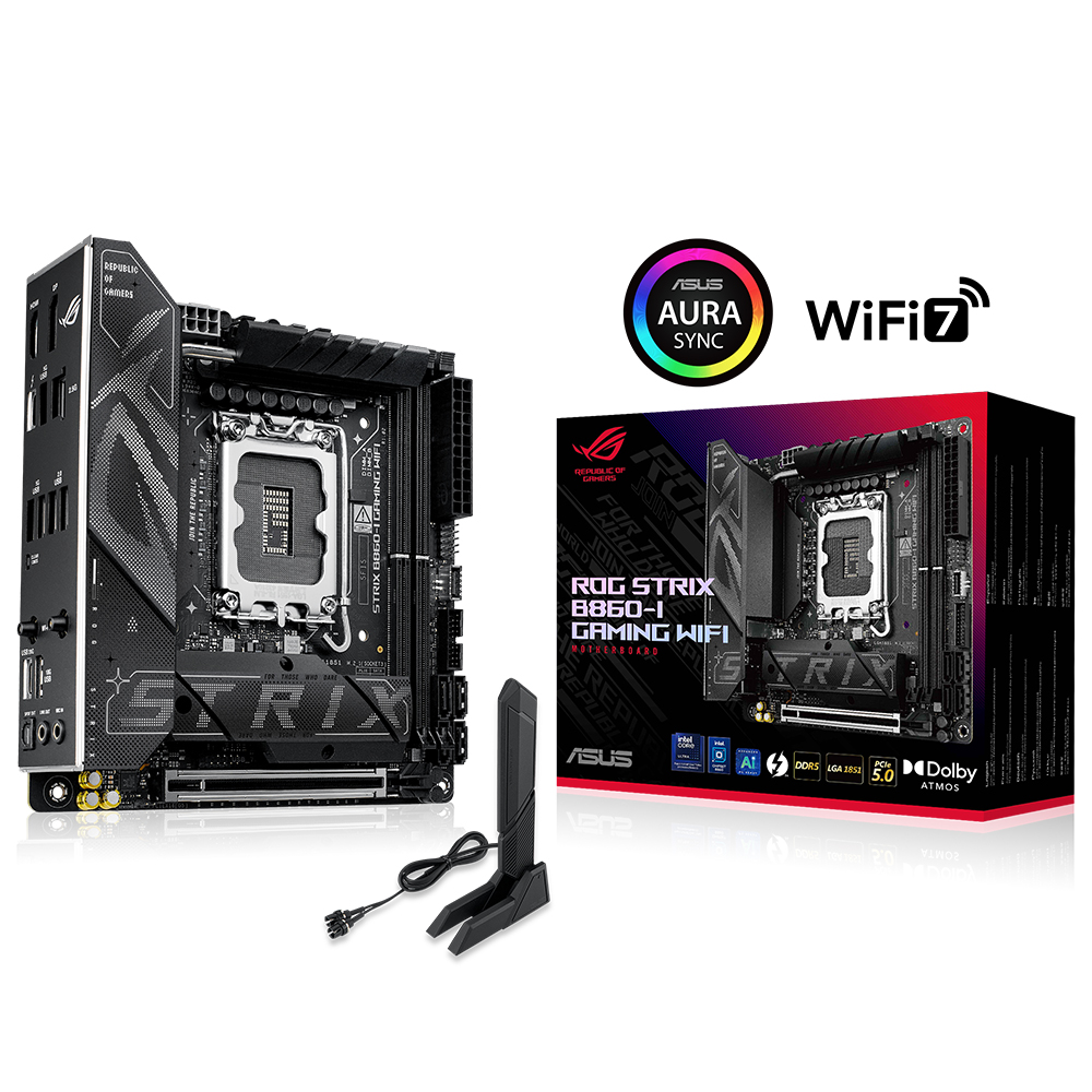 ASUS ROG STRIX B860I GAMING WIFI Intel B860 LGA1851 DDR5 8800 DP HDMI USB4 Çift M2 USB3.2 Gen 2x2 WiFi 7 + BT AURA RGB 2 5Gbit LAN Mini ITX 10+1+2+1 Güç Aşamaları 1xGen5 M2 ASUS AI Advisor Thunderbolt 4 resmi