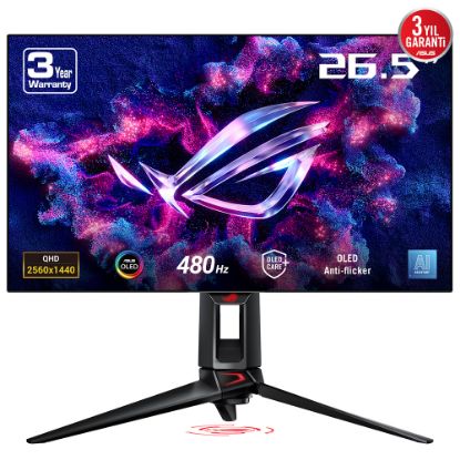 ASUS ROG SWIFT PG27AQDP 26.5 OLED GAMING 2K FREESYNC PREMIUM, 2560x1440 0.03ms 480Hz 450cd DP HDMI USB VESA 3YIL AI DESTEK, HDR400, GERÇEK SİYAH, 99% DCI-P3,10 BIT MONİTÖR resmi