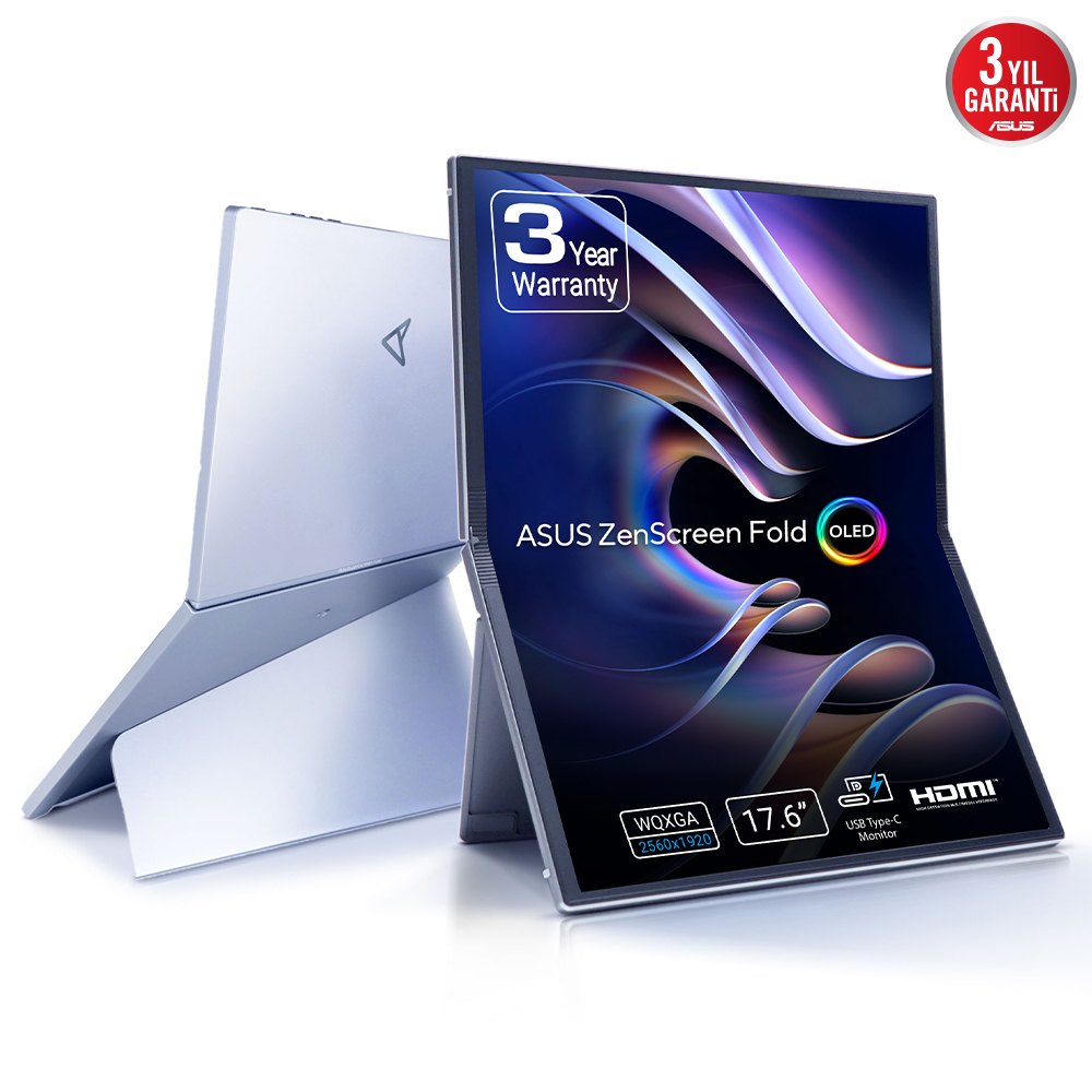 ASUS ZenScreen MQ17QH 17.3 OLED 2560x1920 0.2ms 60Hz 350cd Mini-HDMI USB-C 3YIL Damla Menteşe ile Katlanabilir Teknoloji DisplayHDR™ 500 True Black %100 DCI-P3 Çift USB Type-C® mini-HDMI® Kulaklık Jakı Tripot Deliği Katlanabilir Stant FSC resmi