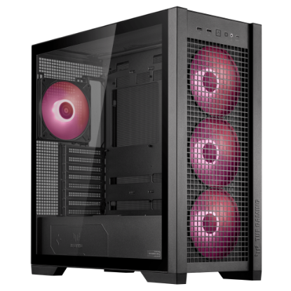 ASUS TUF GAMING GT302 TG ARGB MAKSİMUM SOĞUTMA SÖK TAK ÜST VE YAN PANELLER GİZLENMİŞ ANAKART BAĞLANTI DESTEĞİ 4 ADET 140 X 28 MM FAN E ATX 12x10.9 ATX Micro-ATX MiniATX SİYAH KASA resmi