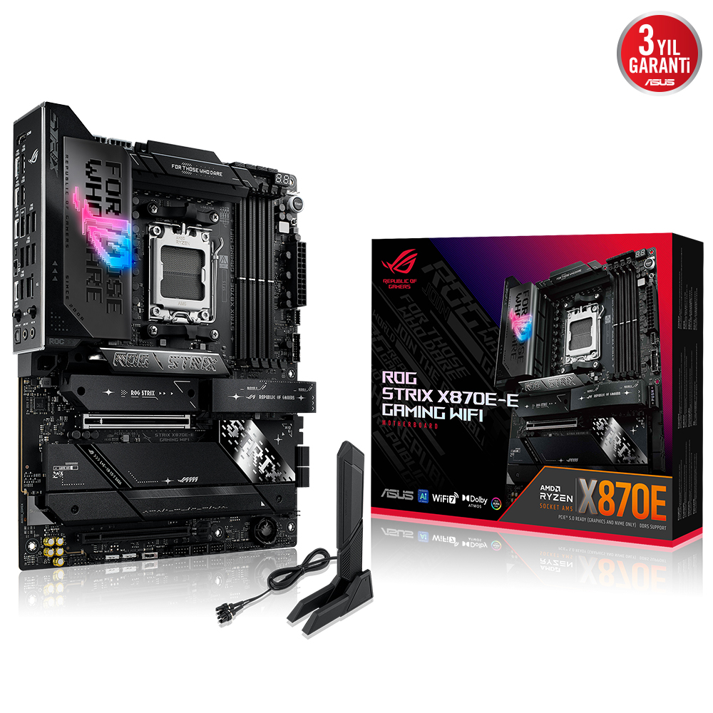 ASUS ROG STRIX X870E-E GAMING WIFI AMD X870 AM5 DDR5 8000 HDMI 2XUSB4 5X M2 USB3.2 WİFİ 7 + BT AURA RGB 5GBİT LAN ATX 18+2+2 GÜÇ AŞAMALARI ÇİFT USB4 USB 20G PD 3.0 İLE 30W A KADAR USB ÇIKIŞI resmi