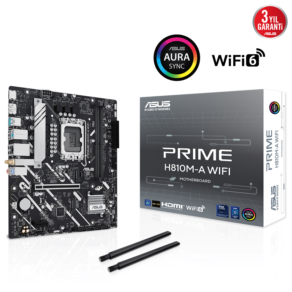 ASUS MB PRIME H810M-A WIFI INTEL H810 LGA1851 DDR5 6400 DP HDMI ÇİFT M2 USB3.2 AX WİFİ + BT AURA RGB MATX 6+1+1+1 GÜÇ AŞAMALARI ASUS MB 5X PROTECTION III READY FOR ADVANCED AI PC resmi