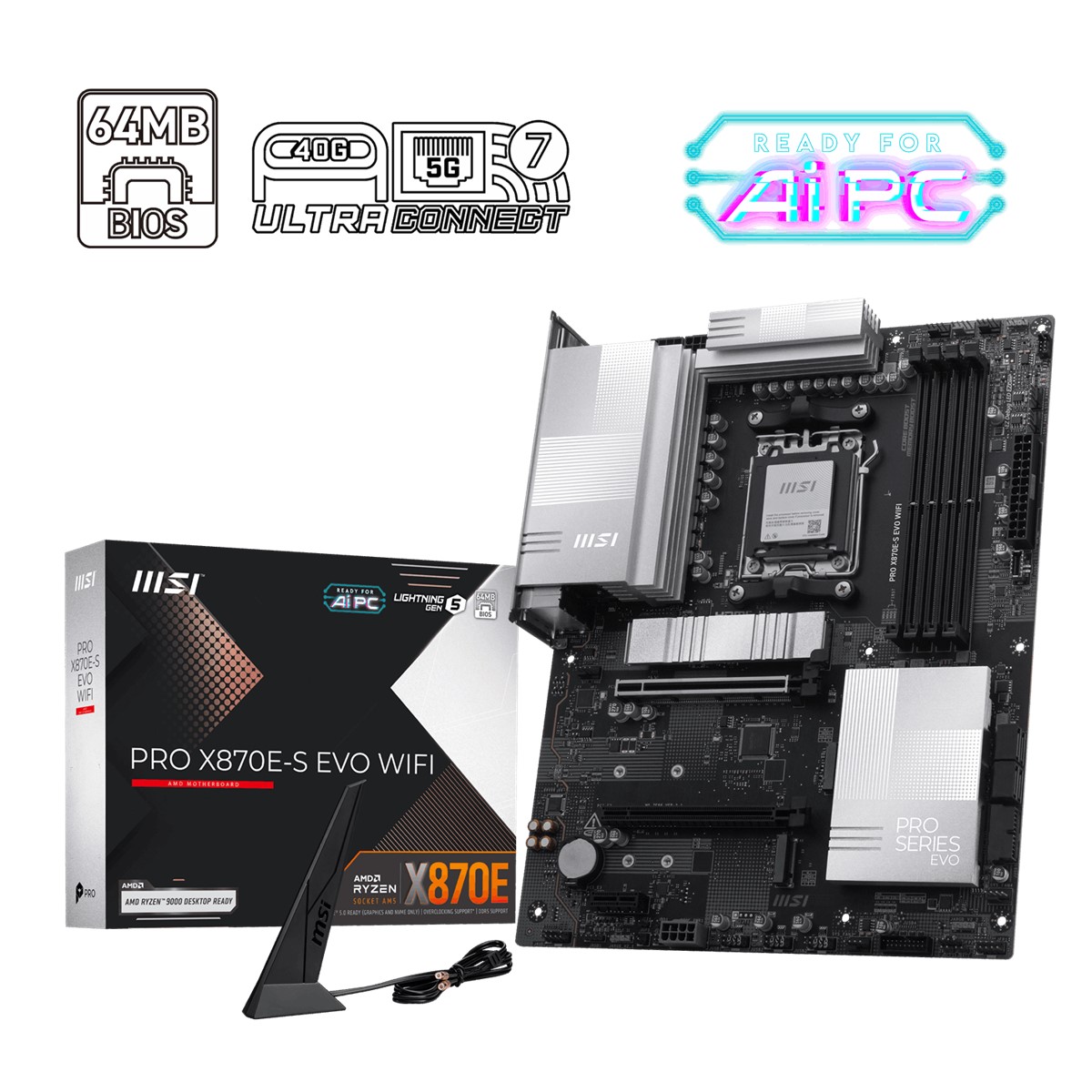 MSI MB PRO X870E-S EVO WIFI AM5 DDR5 8200MHZ(OC) 3x M.2 USB 40Gbps  Type-C DP HDMI 5G LAN WIFI 7 RGB ATX resmi