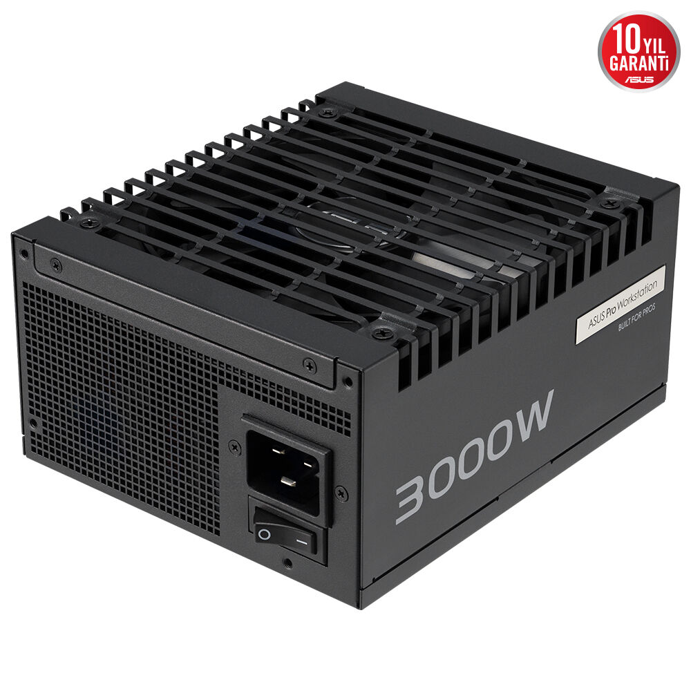 ASUS PRO WS 3000W PLATINUM PSU, PROFESYONELLER İÇİN ÜST DÜZEY VOLTAJ KARARLILIĞI SAĞLAR VE DÖRT EKRAN KARTINI DESTEKLEYEREK ZORLU YAPAY ZEKA YÜKLERİNE UYGUNDUR. resmi